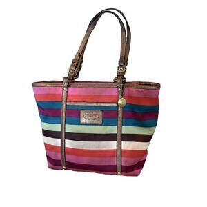 VTG Coach Tote Bag Medium Multicolor Satin Stripe Shoulder Zip Leather Trim Y2K